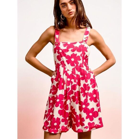 BiBi Pants - Bibi Floral Romper Pink Summer Boho Romper Pocket Short Overall Shortalls NEW
